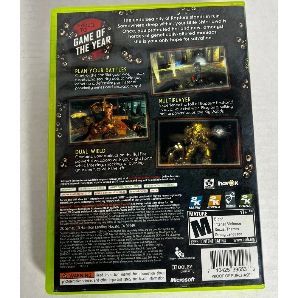 BioShock 2 Xbox 360 Video Game 2K Games CIB Complete with Manual
